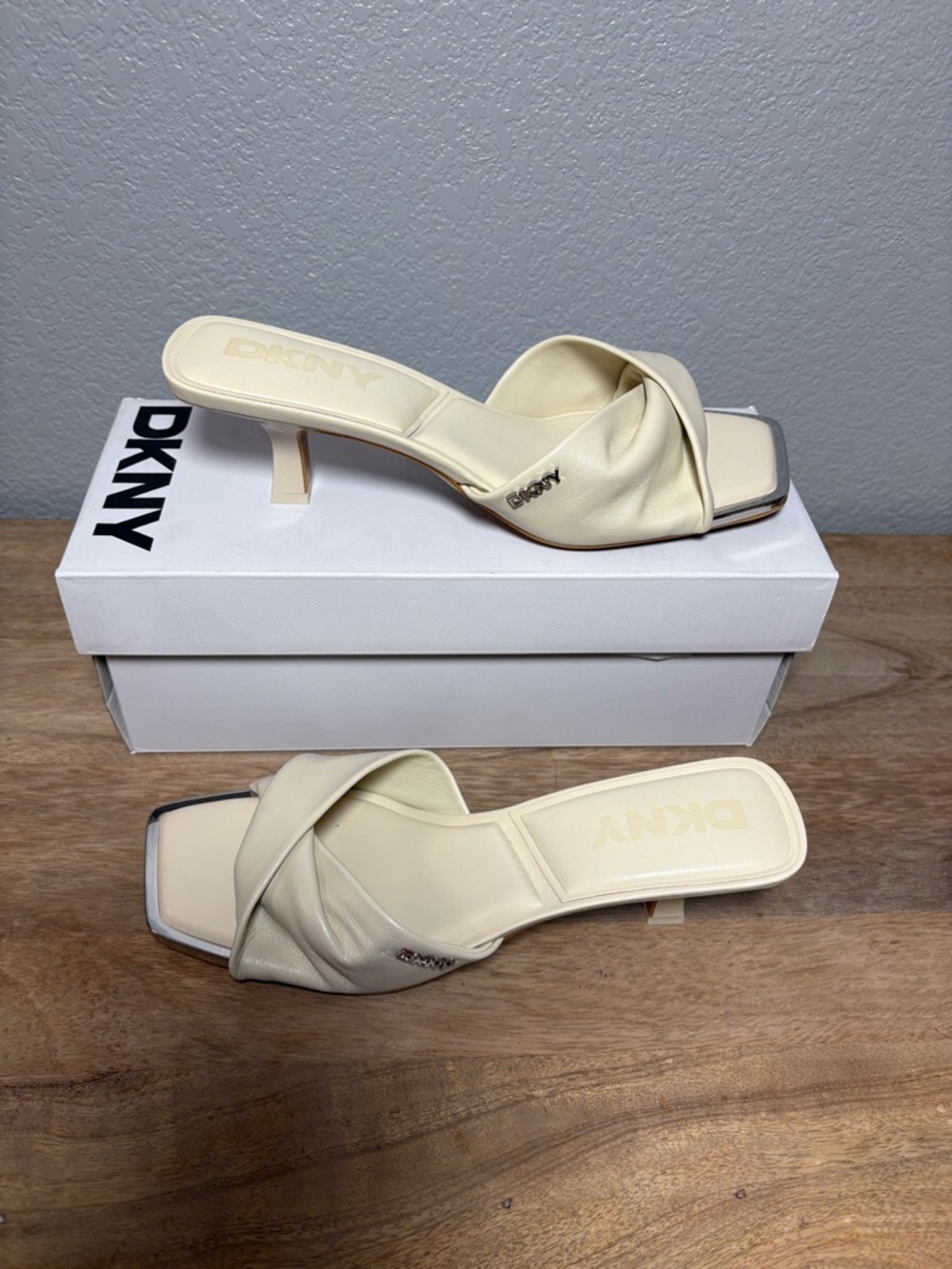 DKNY Cream Twisted Square-Toe Mule Heels